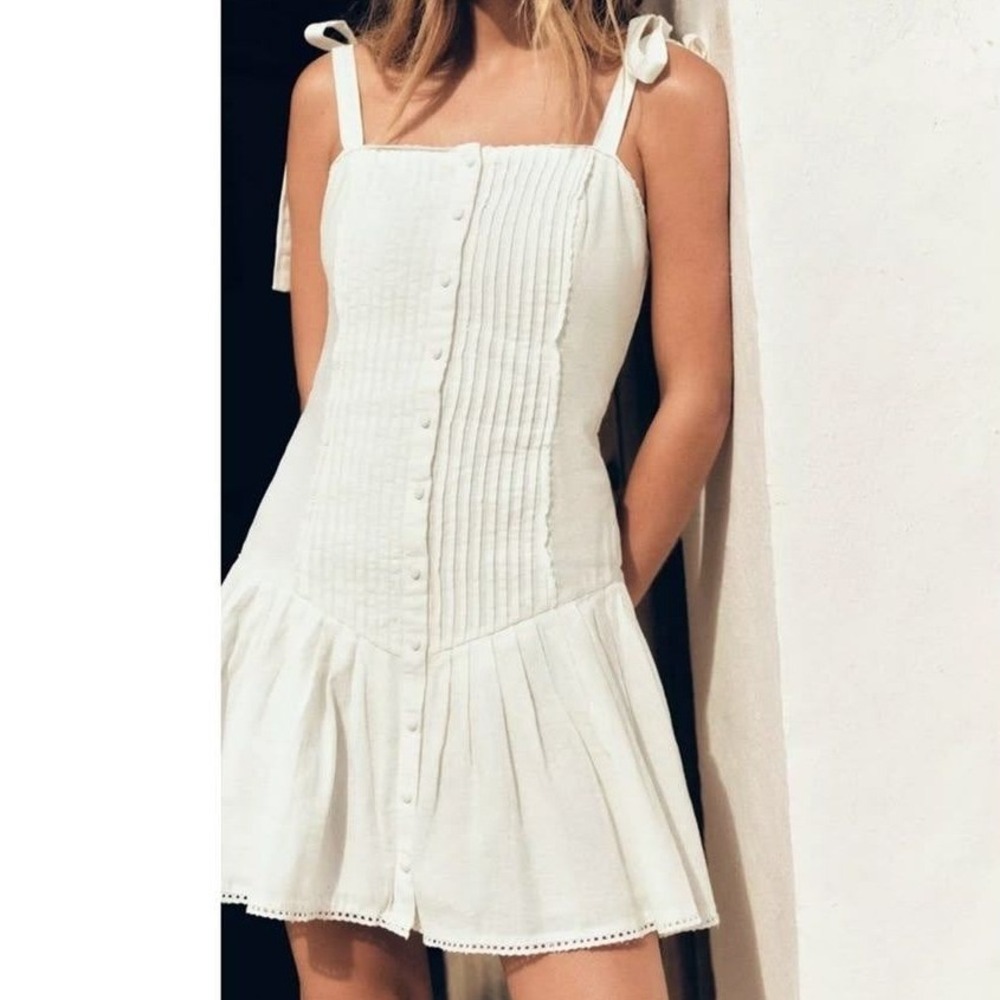 Zara White Pintuck Button Down Mini Dress Tie Strap Cotton Womens Medium NWT